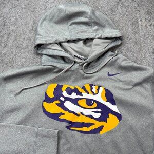 LSU Tigers Nike Hoodie Men 2XL Gray Pullover THERMA-FIT Fleece Sweatshirt b029
